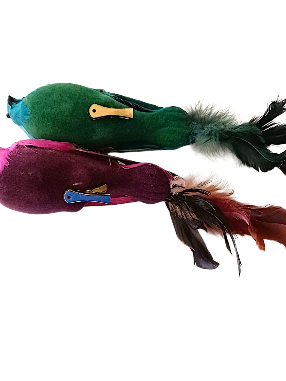 2‎ Vintage Feathered Peacock Bird Ornaments Clip On Large Pink Blue Christmas